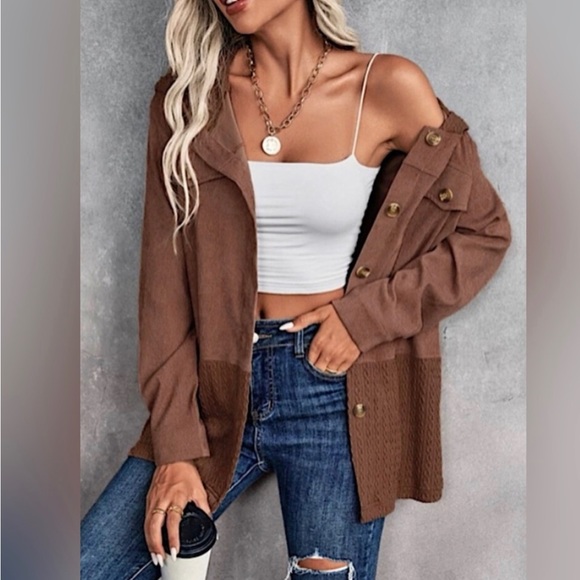 🥳HP 11/28/22🎉Hooded Long Sleeve Button Front Corduroy Jacket Color: Brown - Picture 5 of 6